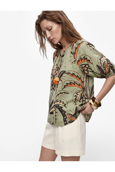 Koton Viskon Bağcıklı Yuvarlak Yaka Karpuz Kollu Floral Oversize Bluz