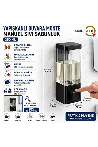 MAİN SHOP Duvara Monte Sabunluk Delme Gerektirmez Şeffaf Hazneli Basmalı Sıvı...