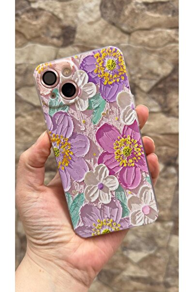Vip Case iPhone 13 Uyumlu Mor Çiçek Desenli Şeffaf Darbe Emici Kamera Korumal...