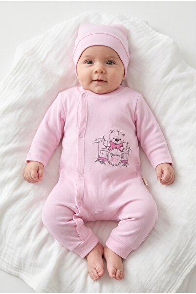 hobbe baby 2'li Tulum Seti 3 - 6 Ay Manşetli Çıtlı Baskılı Tulum ve Şapka "Yo...