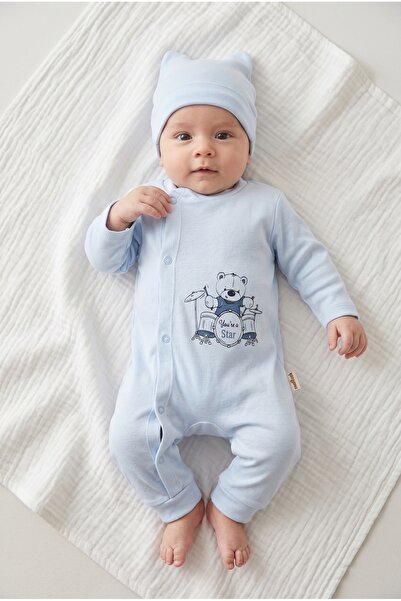 hobbe baby 2'li Tulum Seti 3 - 6 Ay Manşetli Çıtlı Baskılı Tulum ve Şapka "Yo...