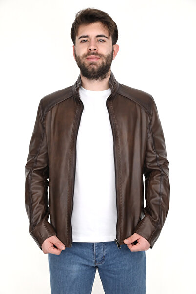 EGE DERİ 100% Genuine Lambskin Brown Men's Leather Jacket with Puntolo