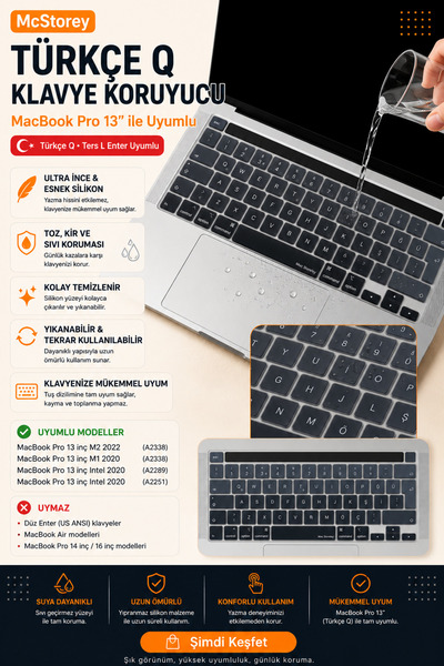 Mcstorey Macbook Pro Kılıf Klavye Koruyucu 13inç M1 M2 Türkçe Q Baskı A2289 A...