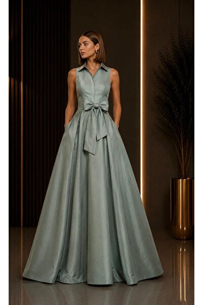 SERAVENZA COUTURE فستان قميص أنيق بحزام مخفي أمامي وطول ماكسي COU-25