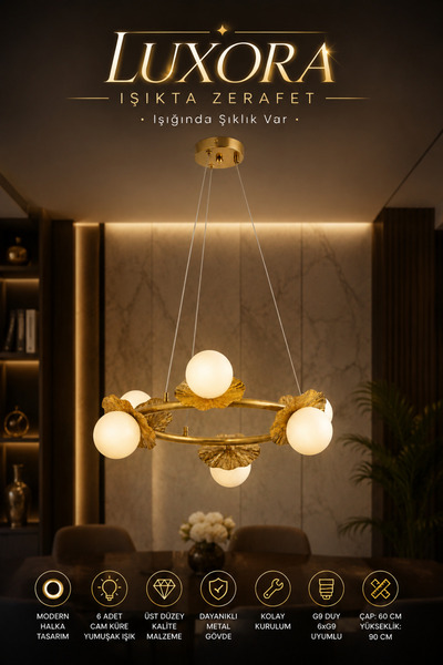 Elvora Home Modern (PREMİUM) 6'lı Gold Halka Avizesi Sarkıt Salon Mutfak Aydı...