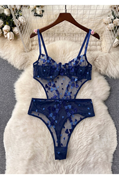 FNC design Kalp Nakışlı Balenli Tül Brode Bodysuit
