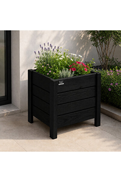 Faev Siyah Kare Ahşap Dış Mekan Saksısı Dekoratif Saksı Hazır Kurulu 50cm X 5...