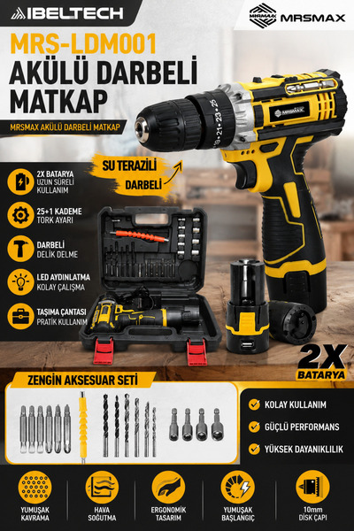 MRSMAXX 1200v Darbeli Şarjlı Matkap Seti 10mm Setli Ve 24 Parça Aksesuarlı 12...