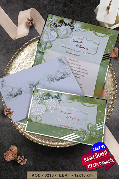 Cem Davetiye Düğün Nişan Nikah Kına Davetiyesi 3218 (100 ADET) Baskı Dahil