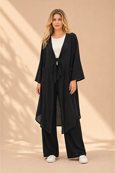 Cool & Sexy Siyah Bağlamalı Kimono Keten Takım