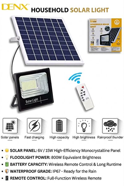 Denx 800W Household Solar Light, IP67 Waterproof Solar Flood Light With Remot...