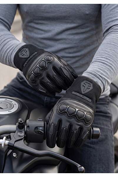 TAIPAN SPORTS Taipan Air G-Black 3 Mevsim Motosiklet Eldiveni Deri Fileli Avu...