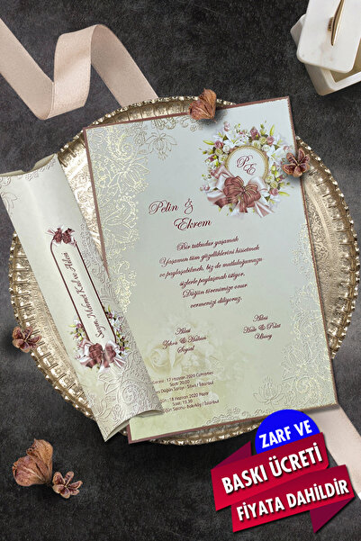 Cem Davetiye Düğün Nişan Nikah Kına Davetiyesi 3221 (100 ADET) Baskı Dahil