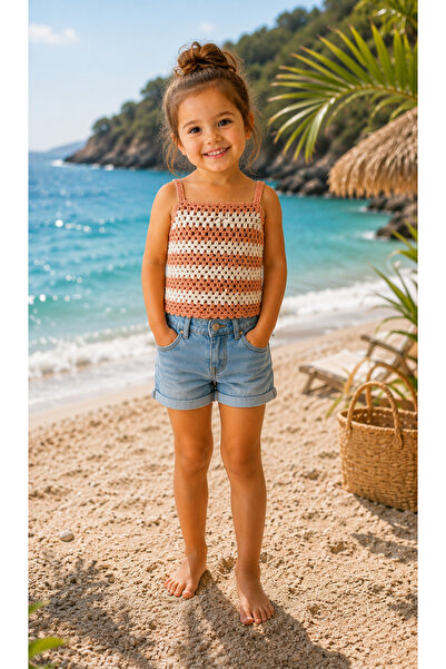 vanillasoft Vanilla Hand Knitted Striped Girls' Summer Cotton Knitwear Unders...