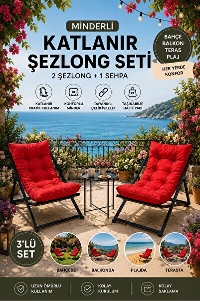 HASTUNÇ Minderli Katlanır Şezlong Seti (İkili) - Bahçe, Balkon, Teras ve Plaj...