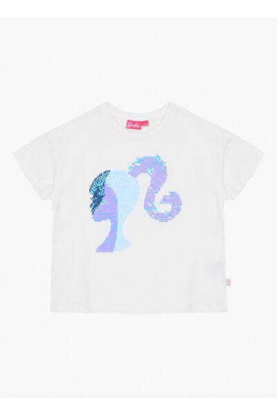 Barbie Ekru Kız Çocuk Payetli T-Shirt BRB6SG-TST6422