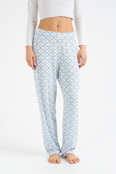 Ecrou Women's B Blue Geometric Patterned Soft Buttoned Single Pajama Pants