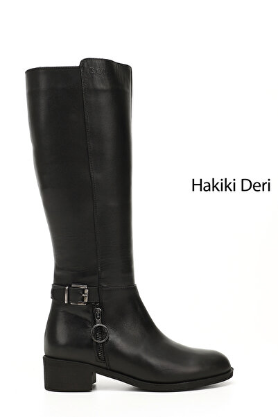 GÖNDERİ(R) Kadın Siyah Fermuarlı Kalın Topuklu Hakiki Deri Çizme