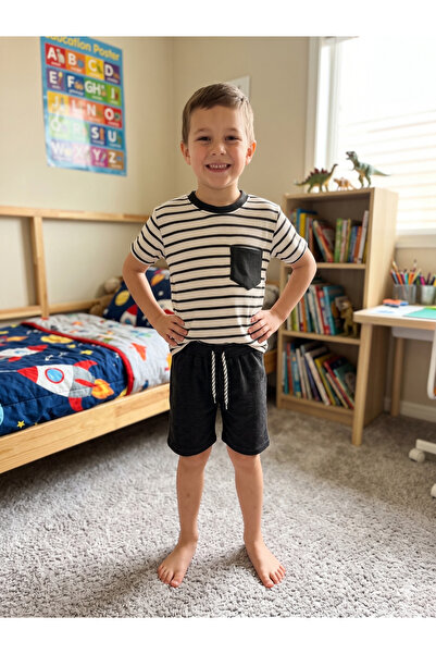 Fil Kids Costum de vară pentru băiat, 100% bumbac, alb, negru, cu dungi, cu b...