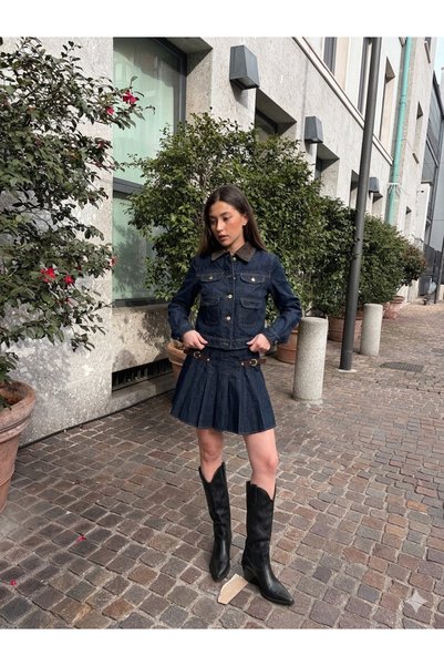 Perryes Women's Denim Suit with Collar Detail, Belt Detail, Pleated Mini Skirt