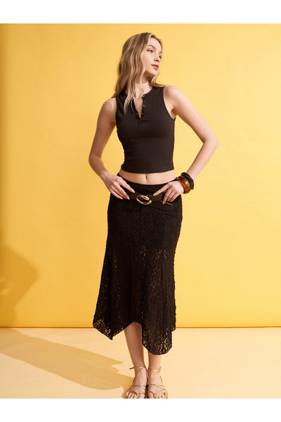 Dilvin 80428 Lace Midi Skirt-Dark Brown