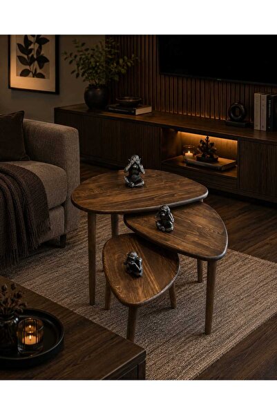 Senka Wood Damla Masif Doğal Ahşap Zigon Sehpa 3'lü Set Venge