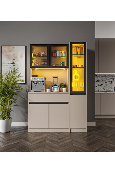 GuneyStore Viona Kum Beji Midi Sağ Vitrinli Komple MDF LED Aydınlatmalı Kahve...