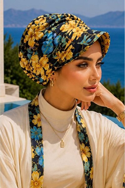 Aişe tesettür Mustard Blue Floral Hijab Hat Bonnet