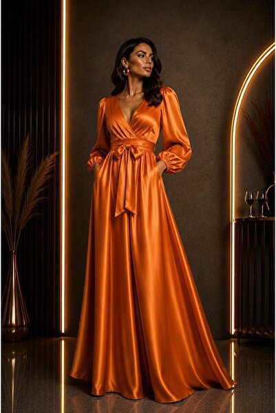 ALYEL NAKER Double-Breasted Maxi Stylish Satin Dress with Closed Neckline & B...