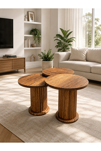 EFLORA DESIGN Bohem 3’lü Zigon Sehpa Seti | Yuvarlak Ahşap Desenli,Modern Sal...