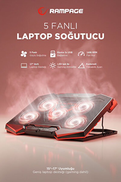 Rampage Marka: Addison Ad-rc5 Siyah 5 Fan Ve 2 Usb 15"-17" Notebook Soğutucu ...