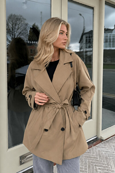 Black Fashion Kuşak Detay Basic Bej Trençkot