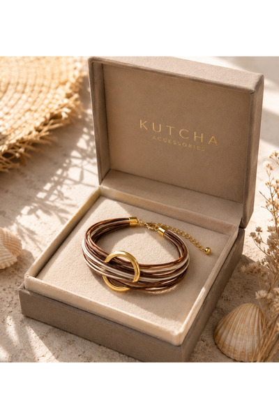 Kutcha Accessories Kahverengi Krem Çoklu Görünüm Kalın Bileklik