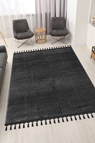 Valery Home Merinos Rölyef Joy Antrasit Kaymaz Taban Kesme Halı Yolluk Pon Pon