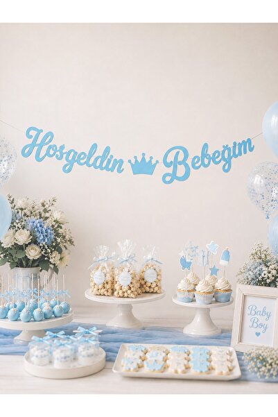 Parti Adresi Hoş Geldin Bebeğim Yazılı Kaligrafi Banner Mavi