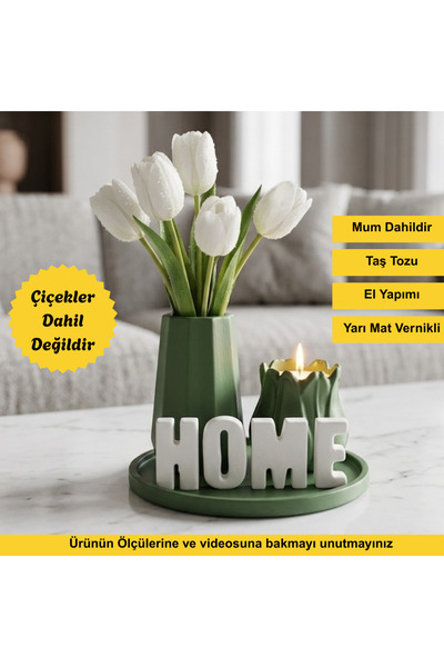 Genel Markalar Home Yazılı Vazolu Mumlu Dekoratif Set - Tepsi, Vazo, Lale Mum...