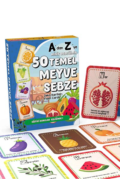 Bunbaza A'dan Z'ye 50 Temel Meyve Sebze Zeka Kartları Eğitici Flash Kart Seti...