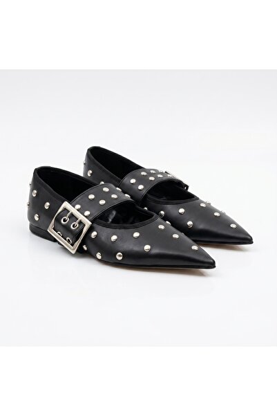 SİBA SHOES Mirage Staple Detailed Pointed Toe Black Women's Ballerina Shoes