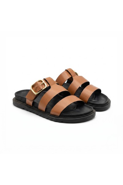 SİBA SHOES Arden Belt and Buckle Detailed Tan Slippers