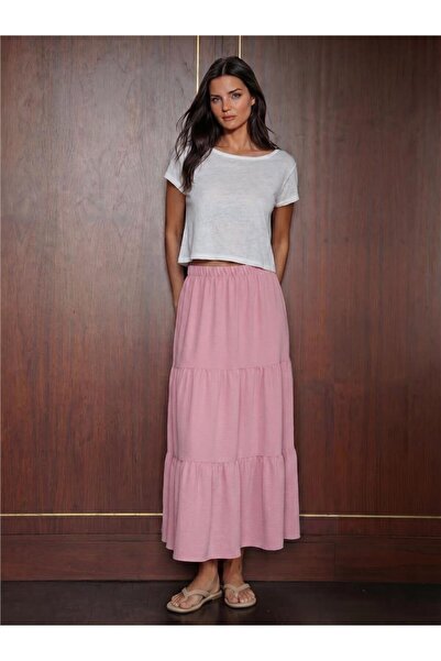 WeShaya Powder Ayrobin Flexible Textured Elastic Waist Straight Cut Long Skirt