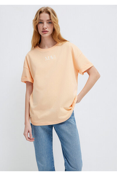 Mavi Logo-bedrucktes orangefarbenes T-Shirt in Übergröße / weiter Schnitt 161...