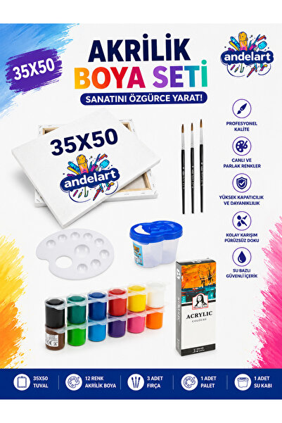 andelart 5 Parça Ressam Seti - 35x50 Tuval + 12 Renk Akrilik Boya ve Boyama A...