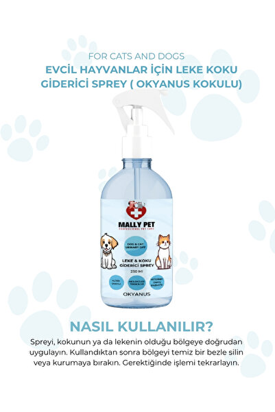 MALLY PET PROFESSIONEL PET CARE Evcil Hayvanlar Için Leke Ve Koku Giderici Sprey Okyanus Kokulu 250 ml