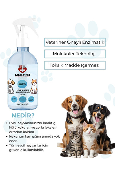 MALLY PET PROFESSIONEL PET CARE Evcil Hayvanlar Için Leke Ve Koku Giderici Sprey Okyanus Kokulu 250 ml