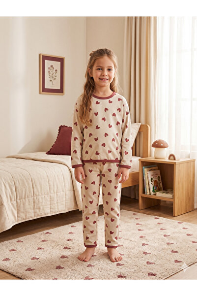 Fil Kids Pijamale pentru fete 100% bumbac cu model de inimă - crem/vișiniu, m...