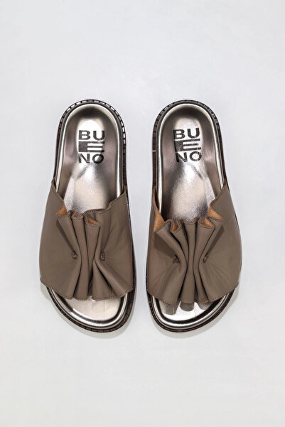 Bueno Shoes Γκρι Δερμάτινες Γυναικείες Flat Παντόφλες 01wu5810