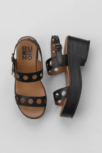 Bueno Shoes صندل نسائي بكعب عريض من الجلد باللون الأسود من Khv 01wu8105