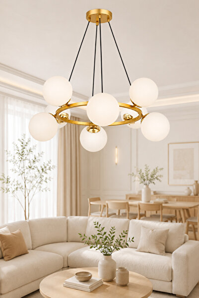 ESSLİGHT Kayra 8’li Eskitme Beyaz Camlı Modern Salon Mutfak Yatak Odası Avizesi