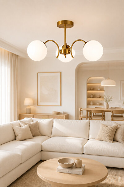 ESSLİGHT Hazal 3’lü Eskitme Beyaz Camlı Modern Salon Mutfak Yatak Odası Avizesi