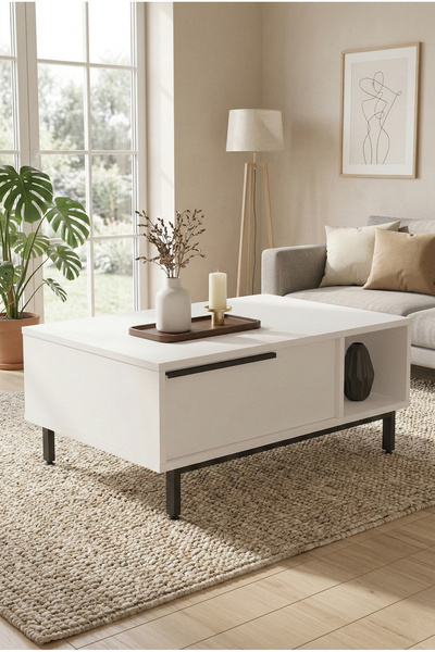 Yurudesign Ocean Orta Sehpa Metal Ayaklı Kapaklı Beyaz On2-w